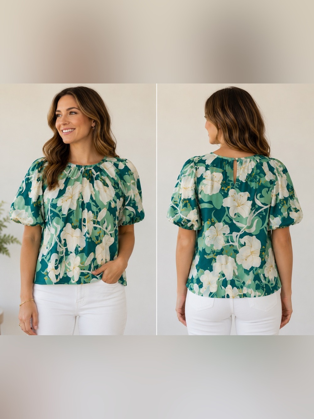 Entro Floral Puff Sleeve Botanical Green & White Keyhole Back Top Size Small EUC